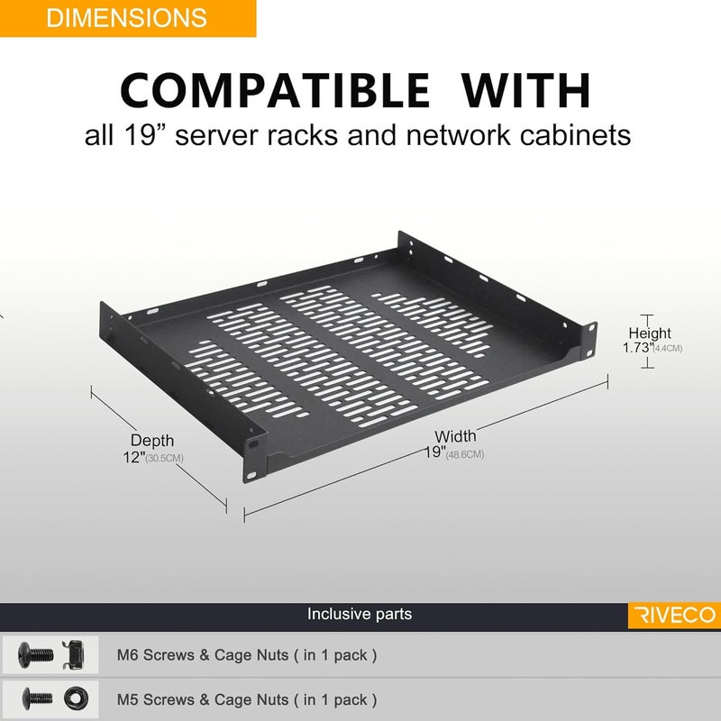 RIVECO 2 PCS 12” Rack Shelves for 19 inches Network Rack & Cabinets, 1U Rack Mount Shelf Vented Cantilever Tray, for Server, IT & Sound Equipment - Image 4
